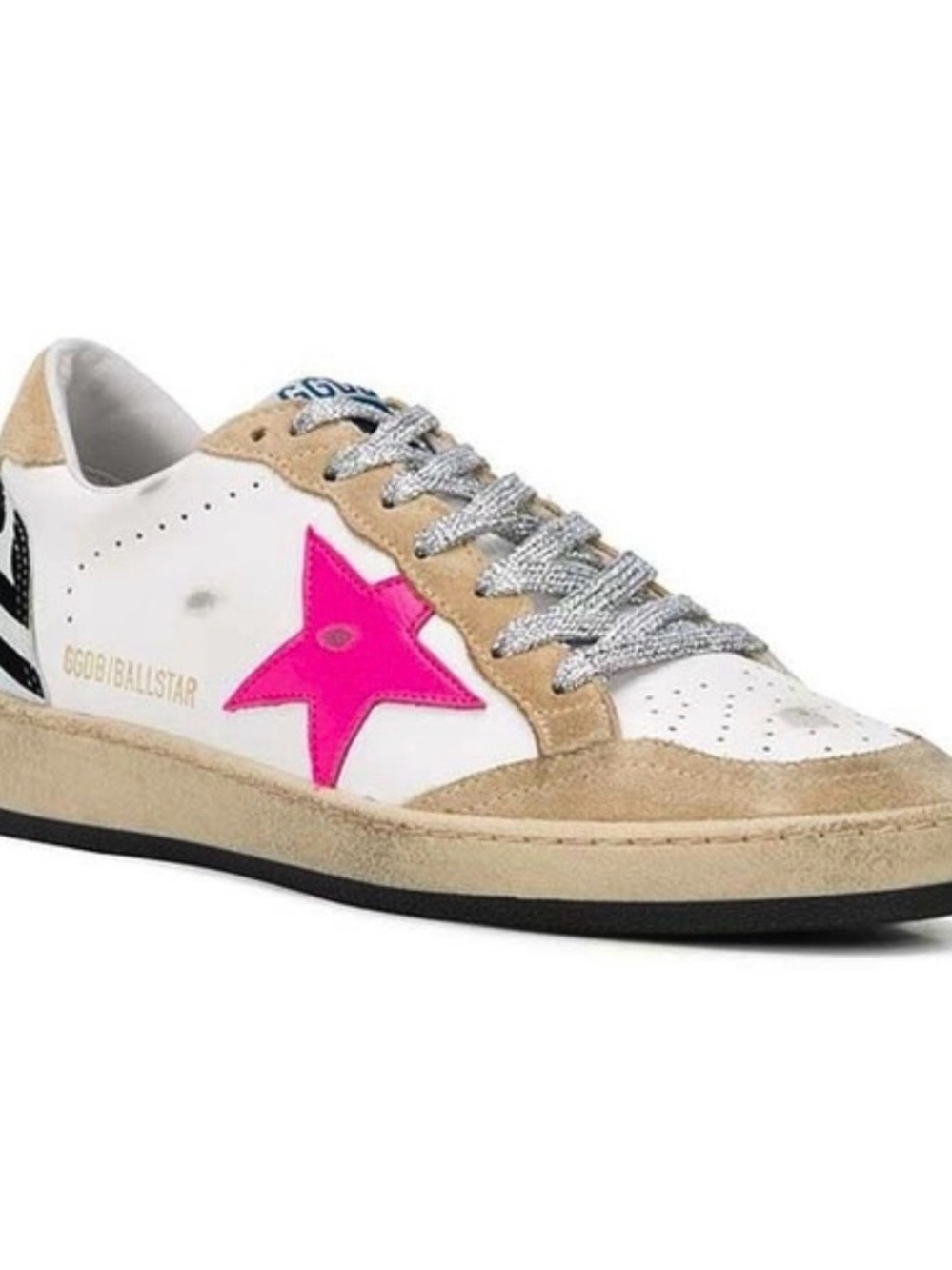 Golden Goose Ball Star with Hot Pink Star, Zebra Heel, Tan trim